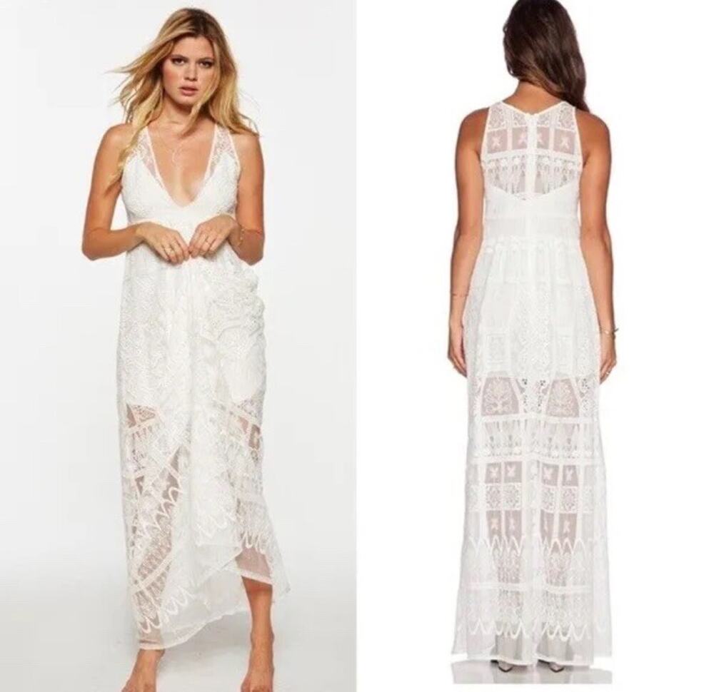 Jen’s Pirate Booty white lace Ile De France maxi dress XS wedding bride Boho A19